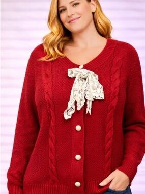 Women's Red Plus Size Cardigan with Lace Bow - Size 3X
